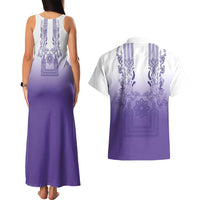 Philippines Barong Style Couples Matching Tank Maxi Dress and Hawaiian Shirt with Polynesian Art and Leaf Motif Purple Color