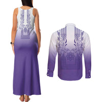 Philippines Barong Style Couples Matching Tank Maxi Dress and Long Sleeve Button Shirt with Polynesian Art and Leaf Motif Purple Color LT03 - Polynesian Pride