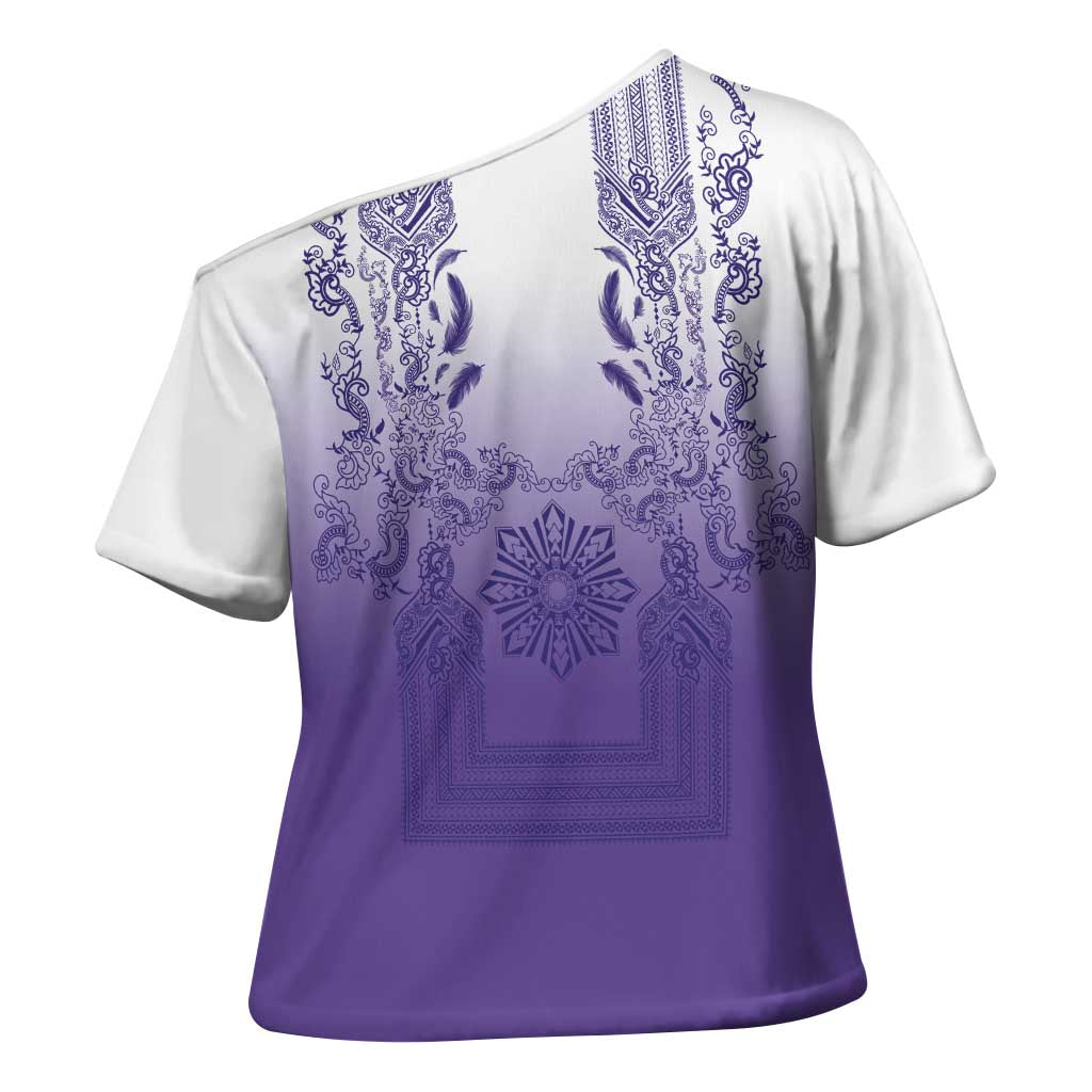 Philippines Barong Style Cross Shoulder Shirt with Polynesian Art and Leaf Motif Purple Color