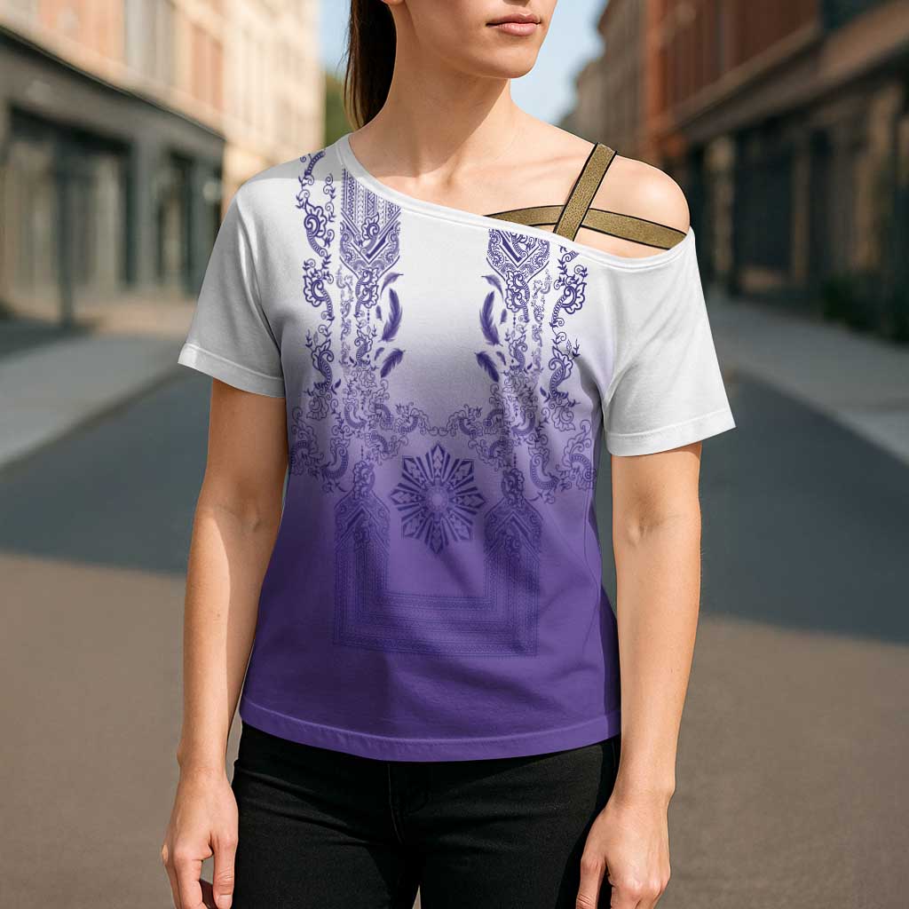 Philippines Barong Style Cross Shoulder Shirt with Polynesian Art and Leaf Motif Purple Color