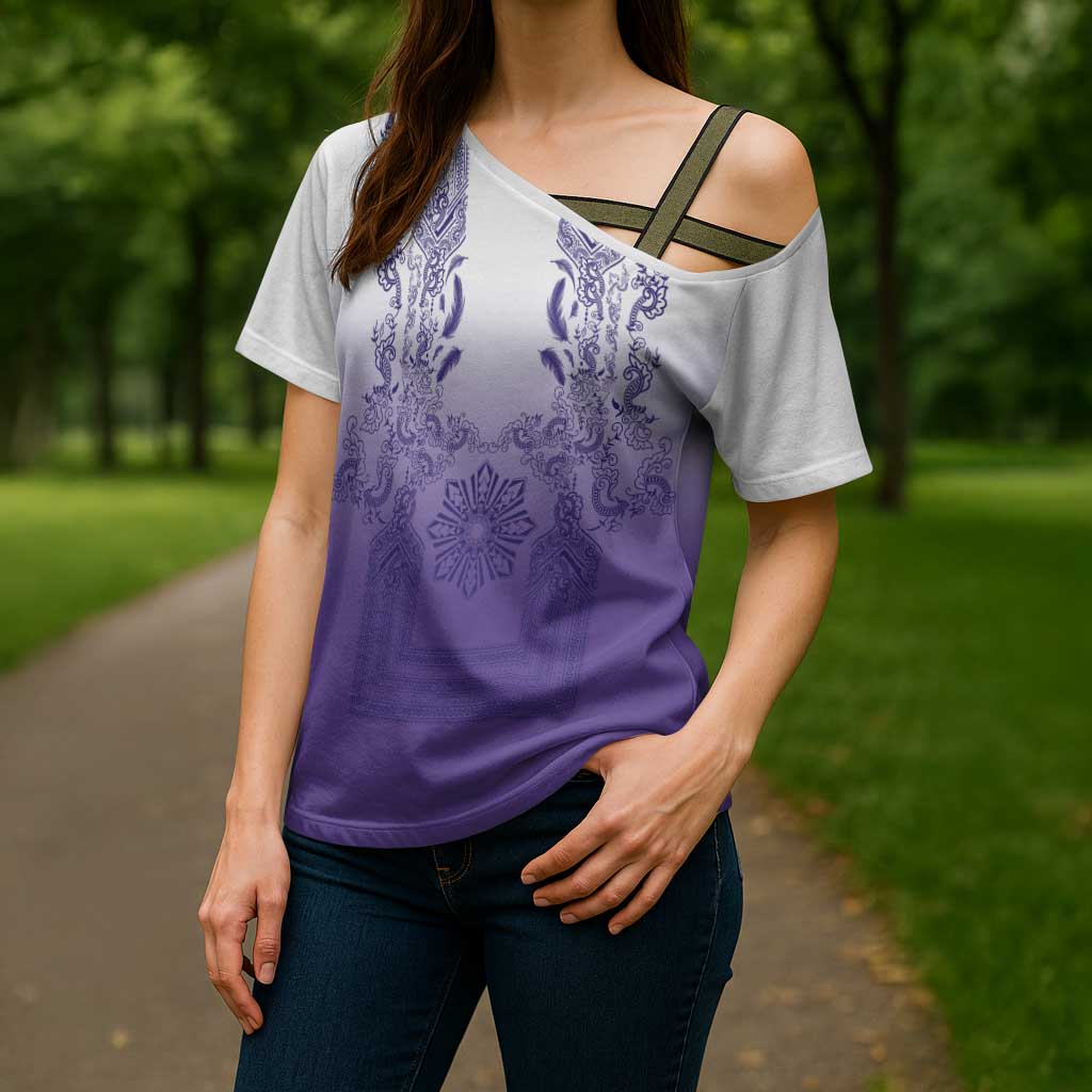 Philippines Barong Style Cross Shoulder Shirt with Polynesian Art and Leaf Motif Purple Color