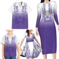 Philippines Barong Style Family Matching Long Sleeve Bodycon Dress and Hawaiian Shirt with Polynesian Art and Leaf Motif Purple Color LT03 - Polynesian Pride