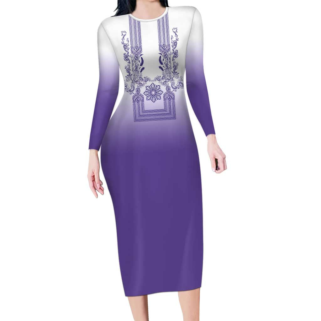 Philippines Barong Style Family Matching Long Sleeve Bodycon Dress and Hawaiian Shirt with Polynesian Art and Leaf Motif Purple Color LT03 Mom's Dress Purple - Polynesian Pride