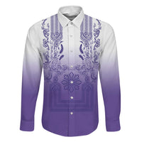 Philippines Barong Style Family Matching Mermaid Dress and Hawaiian Shirt with Polynesian Art and Leaf Motif Purple Color LT03 Dad's Shirt - Long Sleeve Purple - Polynesian Pride