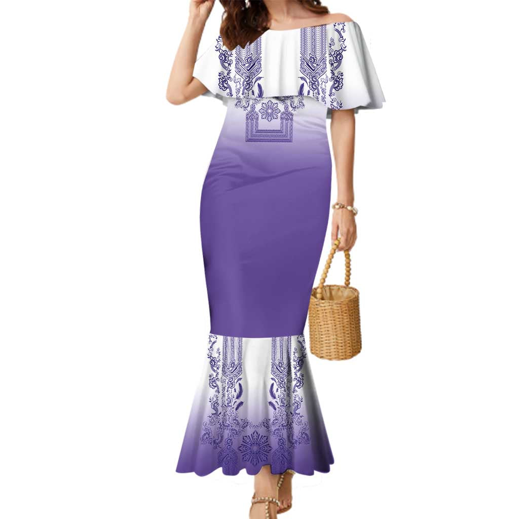Philippines Barong Style Family Matching Mermaid Dress and Hawaiian Shirt with Polynesian Art and Leaf Motif Purple Color LT03 Mom's Dress Purple - Polynesian Pride
