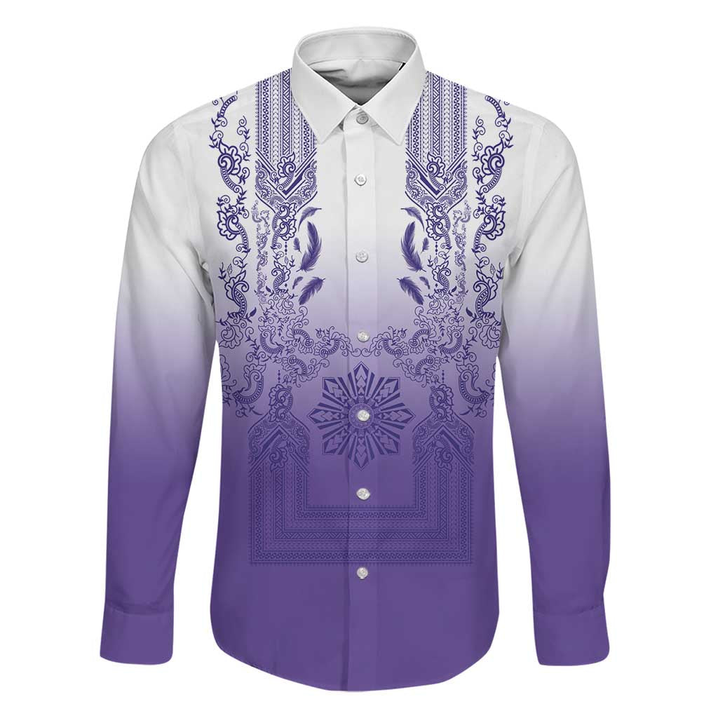 Philippines Barong Style Family Matching Off Shoulder Maxi Dress and Hawaiian Shirt with Polynesian Art and Leaf Motif Purple Color LT03 Dad's Shirt - Long Sleeve Purple - Polynesian Pride