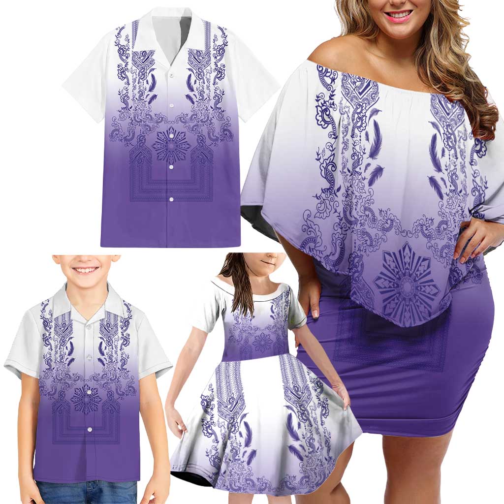 Philippines Barong Style Family Matching Off Shoulder Short Dress and Hawaiian Shirt with Polynesian Art and Leaf Motif Purple Color LT03 - Polynesian Pride