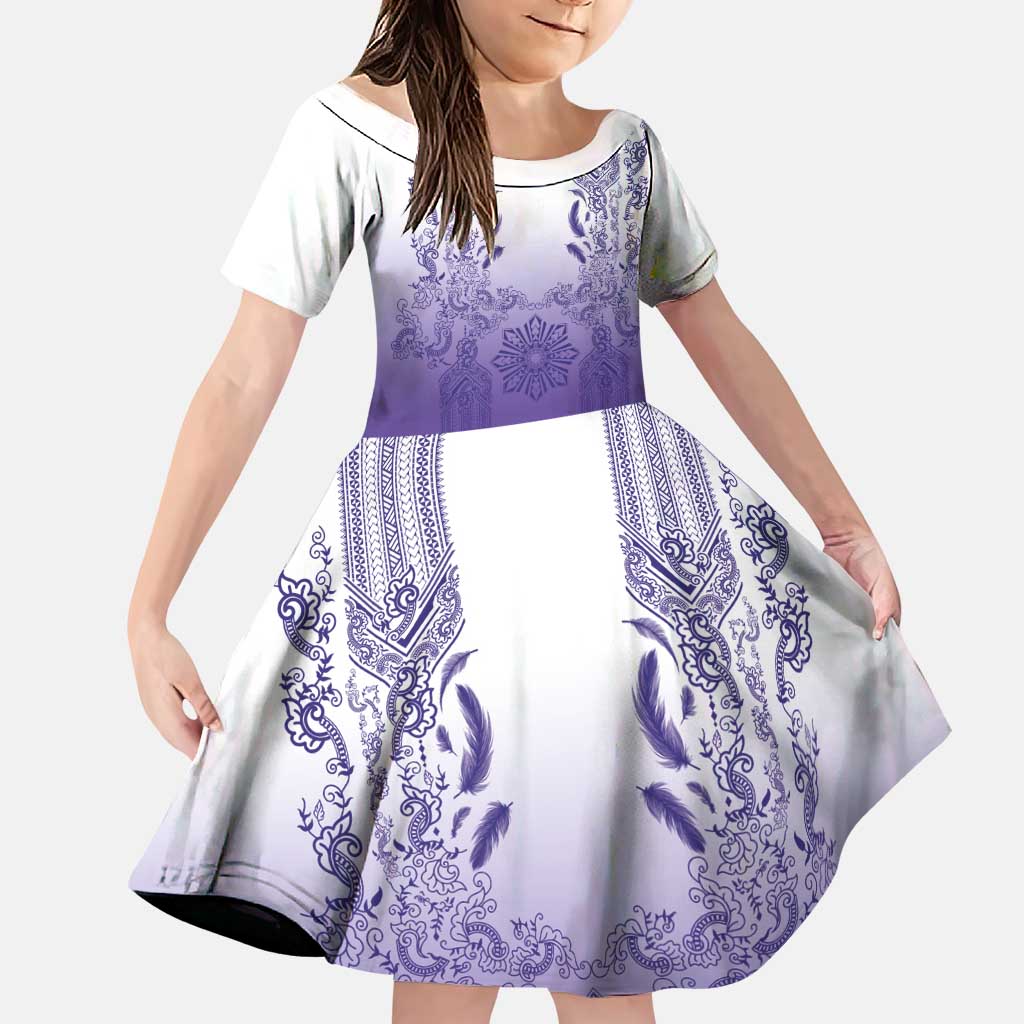 Philippines Barong Style Family Matching Short Sleeve Bodycon Dress and Hawaiian Shirt with Polynesian Art and Leaf Motif Purple Color LT03 Daughter's Dress Purple - Polynesian Pride