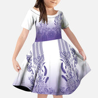 Philippines Barong Style Family Matching Short Sleeve Bodycon Dress and Hawaiian Shirt with Polynesian Art and Leaf Motif Purple Color LT03 Daughter's Dress Purple - Polynesian Pride