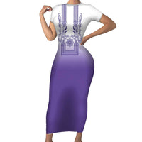 Philippines Barong Style Family Matching Short Sleeve Bodycon Dress and Hawaiian Shirt with Polynesian Art and Leaf Motif Purple Color LT03 Mom's Dress Purple - Polynesian Pride