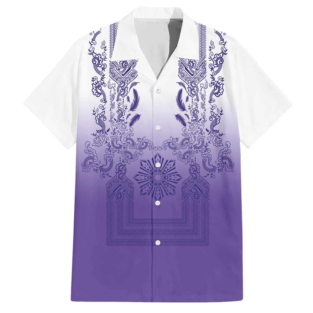 Philippines Barong Style Hawaiian Shirt with Polynesian Art and Leaf Motif Purple Color