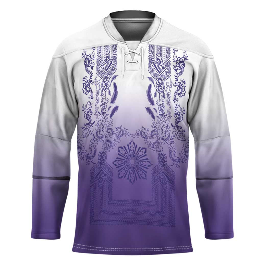 Philippines Barong Style Hockey Jersey with Polynesian Art and Leaf Motif Purple Color