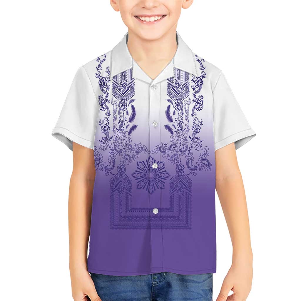 Philippines Barong Style Kid Hawaiian Shirt with Polynesian Art and Leaf Motif Purple Color LT03 Kid Purple - Polynesian Pride