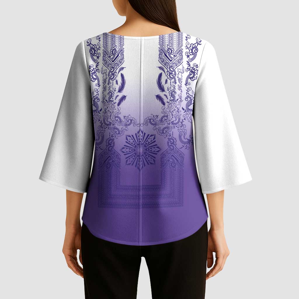 Philippines Barong Style Kimono Sleeve Blouse with Polynesian Art and Leaf Motif Purple Color