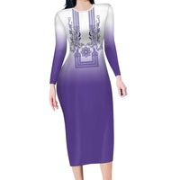 Philippines Barong Style Long Sleeve Bodycon Dress with Polynesian Art and Leaf Motif Purple Color LT03 Long Dress Purple - Polynesian Pride