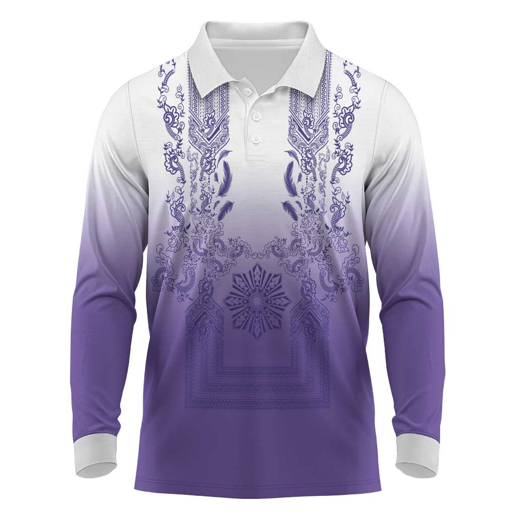 Philippines Barong Style Long Sleeve Polo Shirt with Polynesian Art and Leaf Motif Purple Color