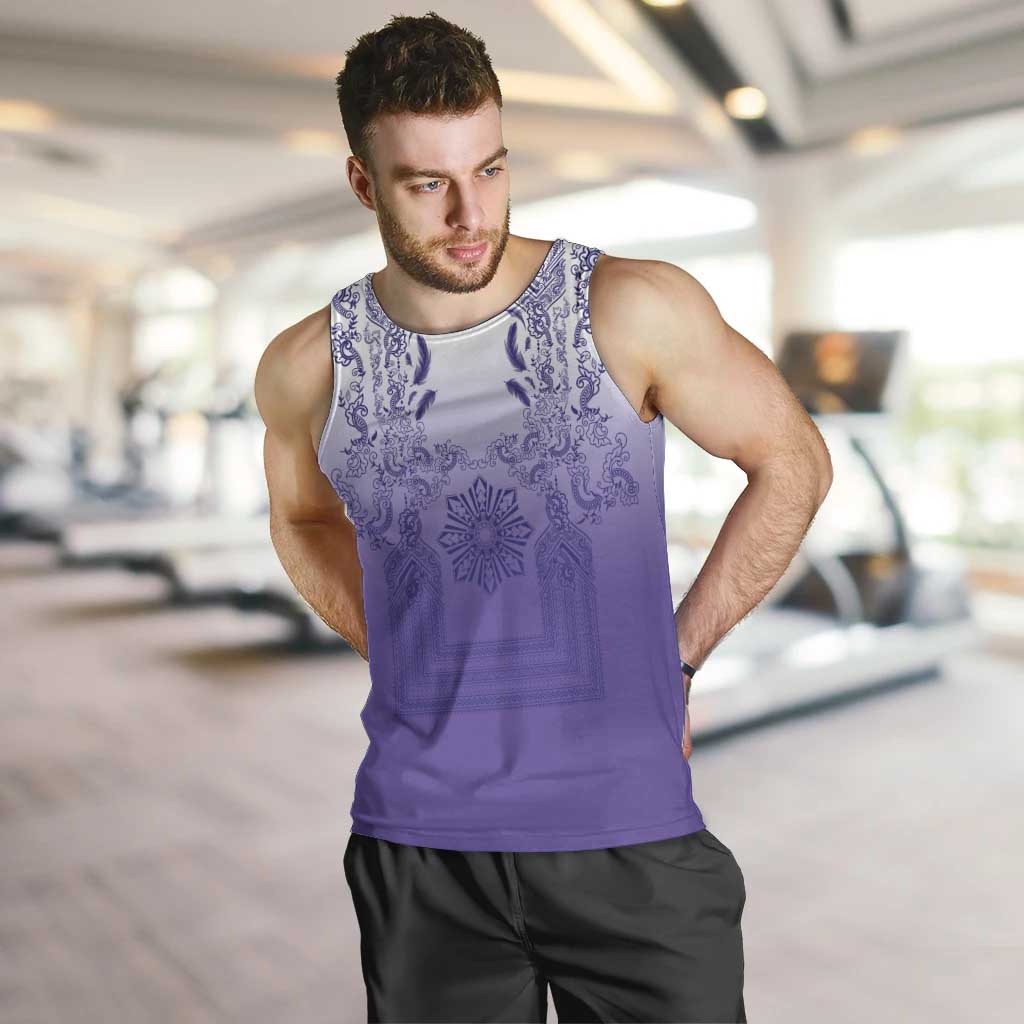 Philippines Barong Style Men Tank Top with Polynesian Art and Leaf Motif Purple Color
