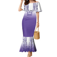 Philippines Barong Style Mermaid Dress with Polynesian Art and Leaf Motif Purple Color LT03 Women Purple - Polynesian Pride