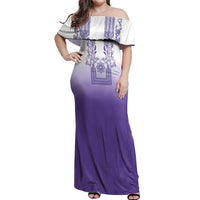 Philippines Barong Style Off Shoulder Maxi Dress with Polynesian Art and Leaf Motif Purple Color LT03 Women Purple - Polynesian Pride