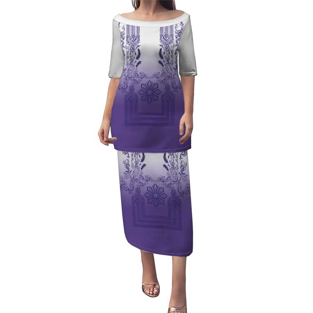 Philippines Barong Style Puletasi with Polynesian Art and Leaf Motif Purple Color LT03 Long Dress Purple - Polynesian Pride