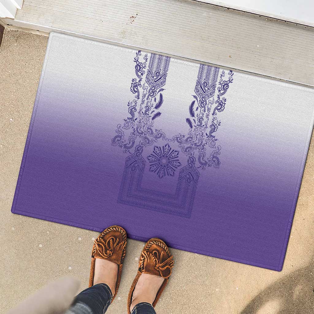Philippines Barong Style Rubber Doormat with Polynesian Art and Leaf Motif Purple Color