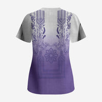 Philippines Barong Style Scrub Top with Polynesian Art and Leaf Motif Purple Color