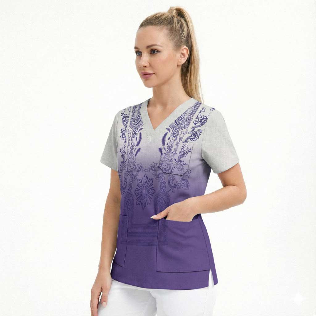 Philippines Barong Style Scrub Top with Polynesian Art and Leaf Motif Purple Color