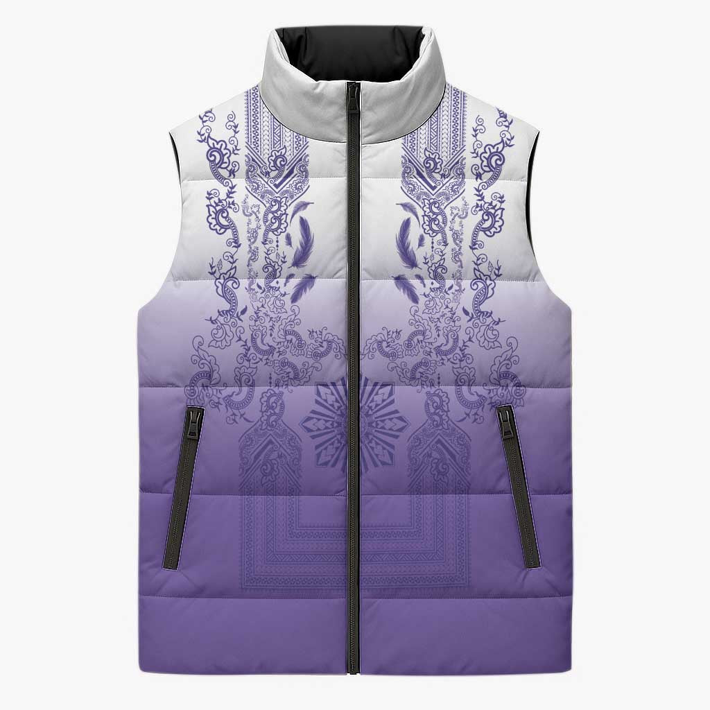 Philippines Barong Style Sleeveless Puffer Jacket with Polynesian Art and Leaf Motif Purple Color LT03 Unisex Purple - Polynesian Pride