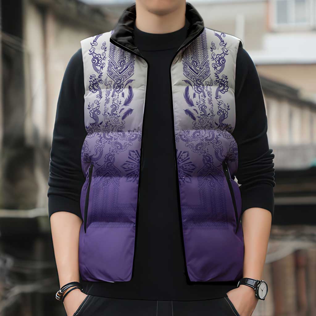 Philippines Barong Style Sleeveless Puffer Jacket with Polynesian Art and Leaf Motif Purple Color LT03 - Polynesian Pride