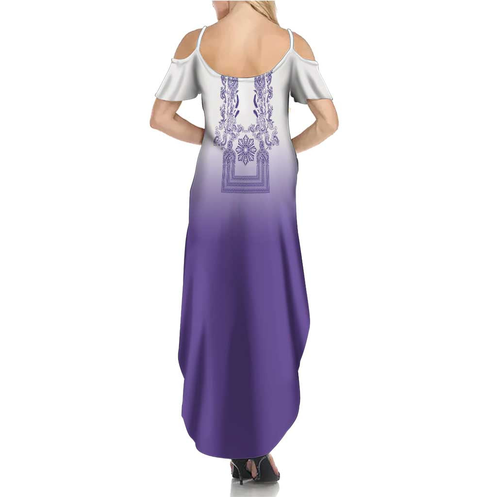 Philippines Barong Style Summer Maxi Dress with Polynesian Art and Leaf Motif Purple Color LT03 - Polynesian Pride