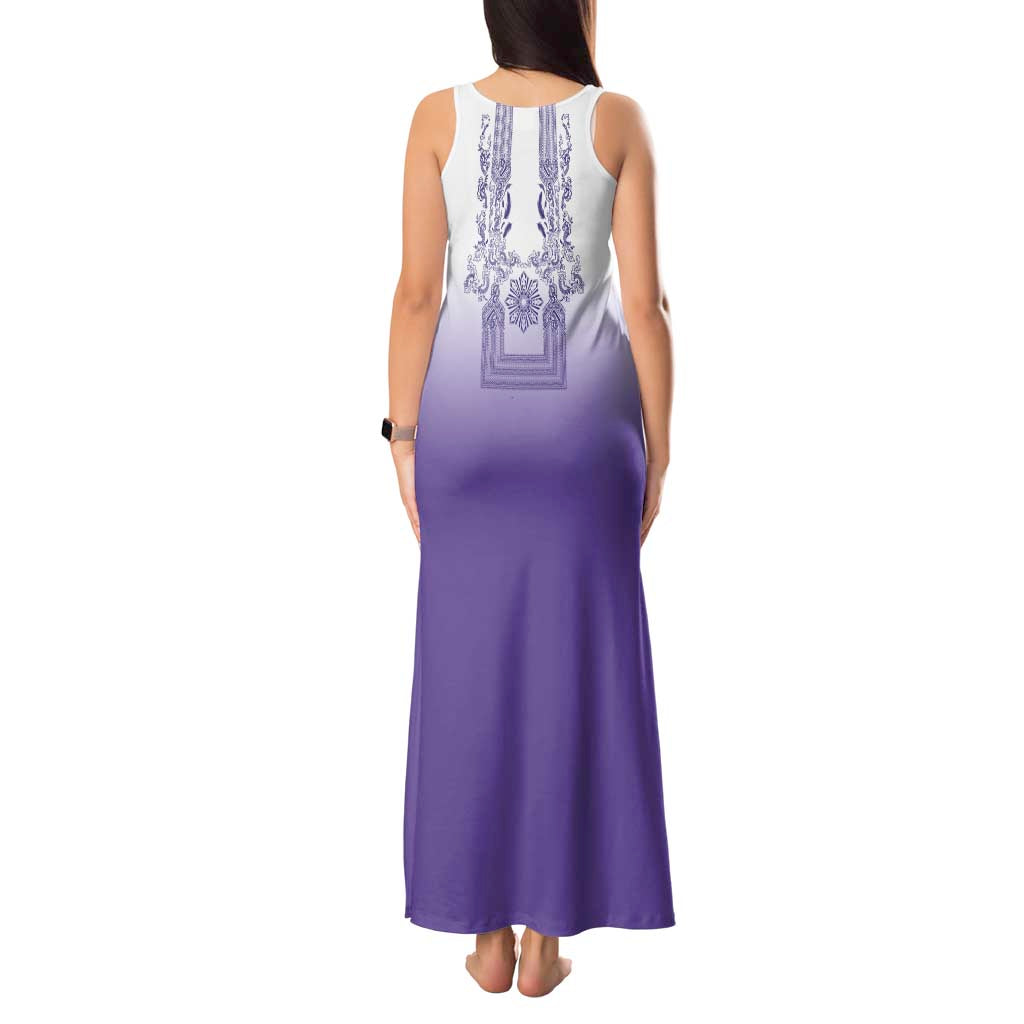 Philippines Barong Style Tank Maxi Dress with Polynesian Art and Leaf Motif Purple Color LT03 - Polynesian Pride
