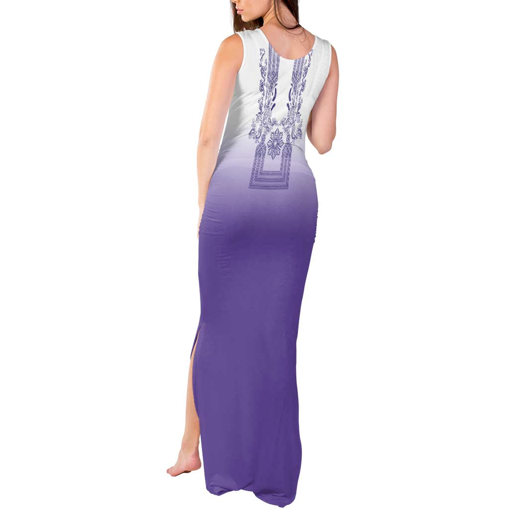 Philippines Barong Style Tank Maxi Dress with Polynesian Art and Leaf Motif Purple Color LT03 - Polynesian Pride