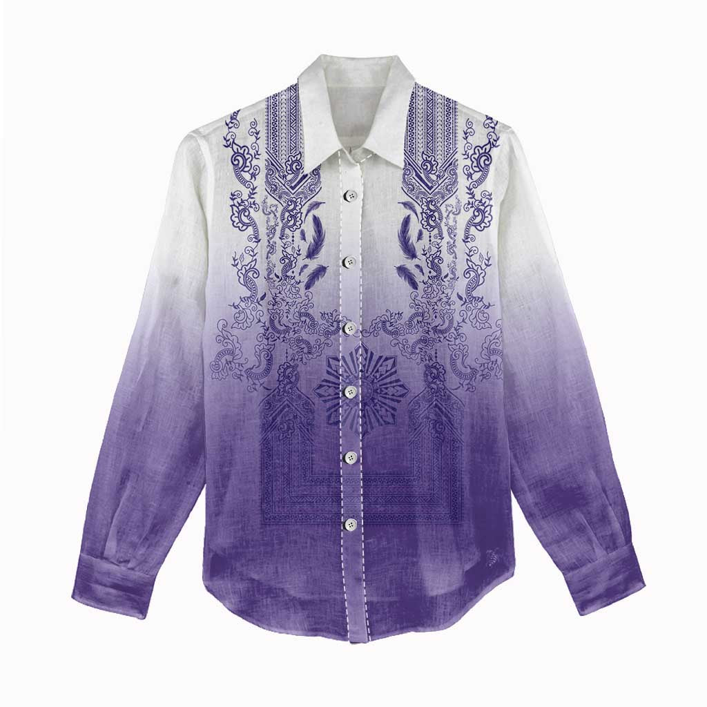 Philippines Barong Style Women Casual Shirt with Polynesian Art and Leaf Motif Purple Color LT03 - Polynesian Pride