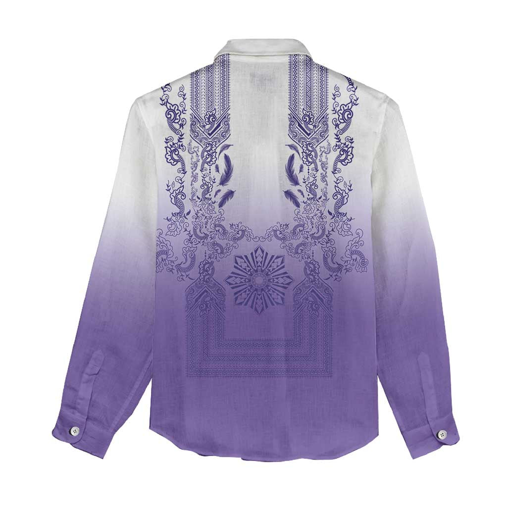 Philippines Barong Style Women Casual Shirt with Polynesian Art and Leaf Motif Purple Color LT03 - Polynesian Pride