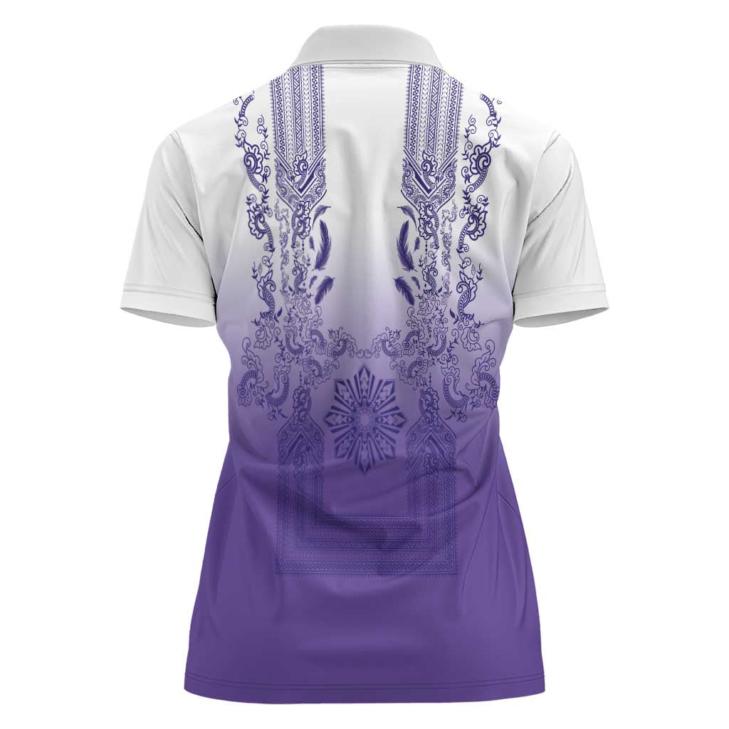 Philippines Barong Style Women Polo Shirt with Polynesian Art and Leaf Motif Purple Color LT03 - Polynesian Pride