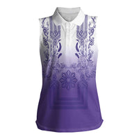 Philippines Barong Style Women Sleeveless Polo Shirt with Polynesian Art and Leaf Motif Purple Color