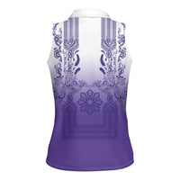 Philippines Barong Style Women Sleeveless Polo Shirt with Polynesian Art and Leaf Motif Purple Color