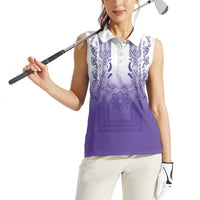 Philippines Barong Style Women Sleeveless Polo Shirt with Polynesian Art and Leaf Motif Purple Color