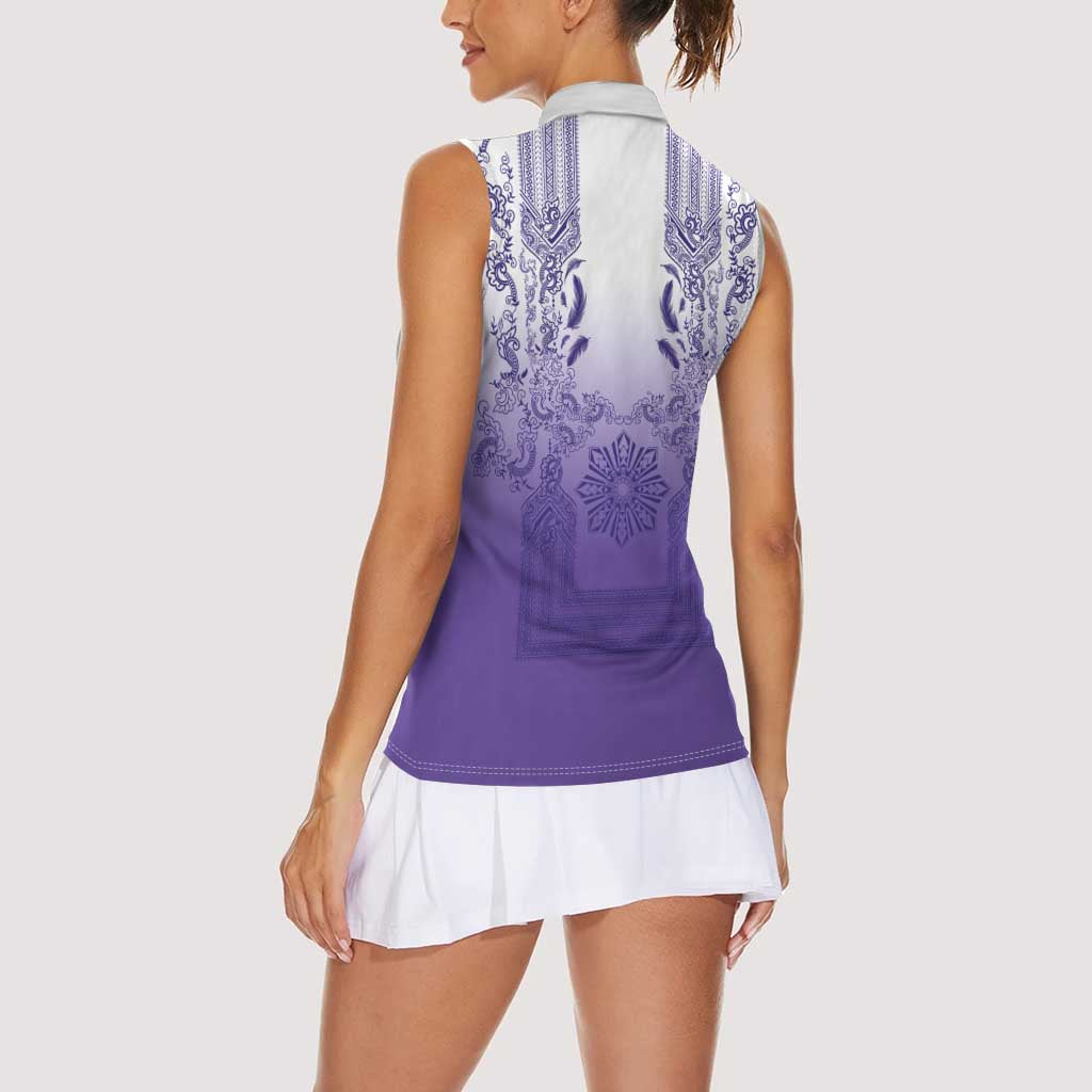 Philippines Barong Style Women Sleeveless Polo Shirt with Polynesian Art and Leaf Motif Purple Color