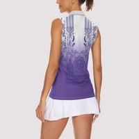Philippines Barong Style Women Sleeveless Polo Shirt with Polynesian Art and Leaf Motif Purple Color