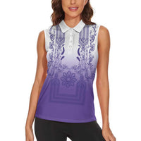 Philippines Barong Style Women Sleeveless Polo Shirt with Polynesian Art and Leaf Motif Purple Color