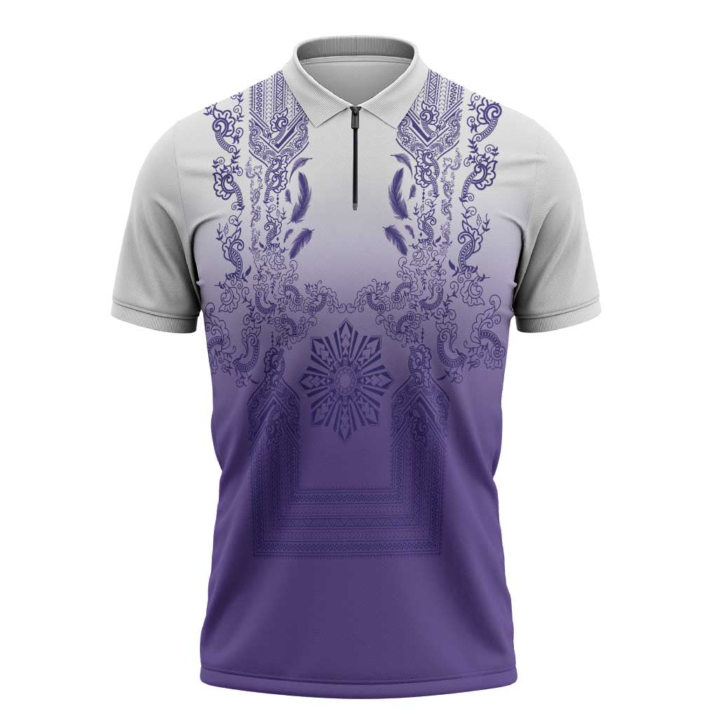 Philippines Barong Style Zipper Polo Shirt with Polynesian Art and Leaf Motif Purple Color LT03 Purple - Polynesian Pride