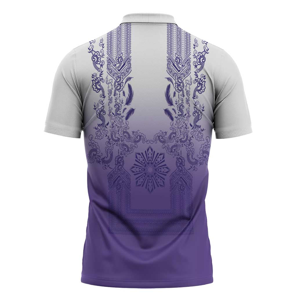 Philippines Barong Style Zipper Polo Shirt with Polynesian Art and Leaf Motif Purple Color LT03 - Polynesian Pride
