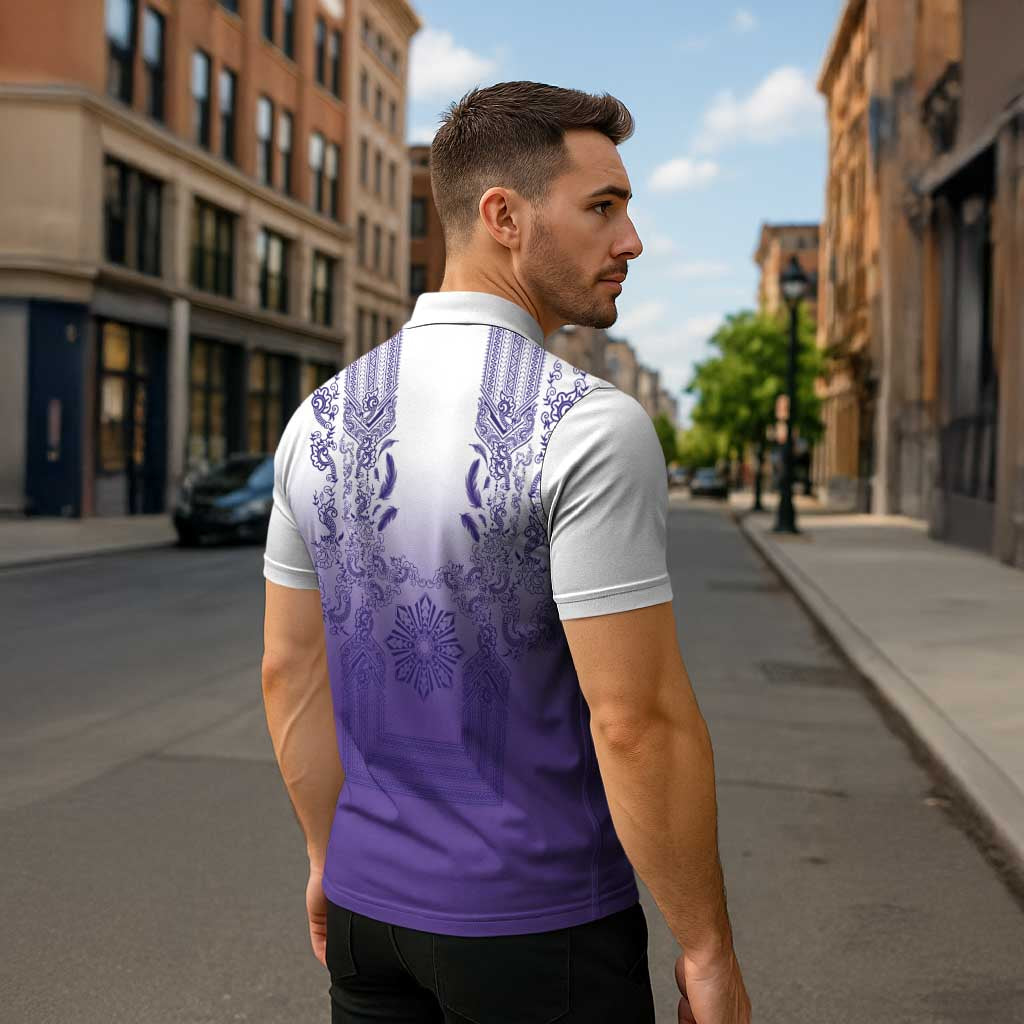 Philippines Barong Style Zipper Polo Shirt with Polynesian Art and Leaf Motif Purple Color LT03 - Polynesian Pride