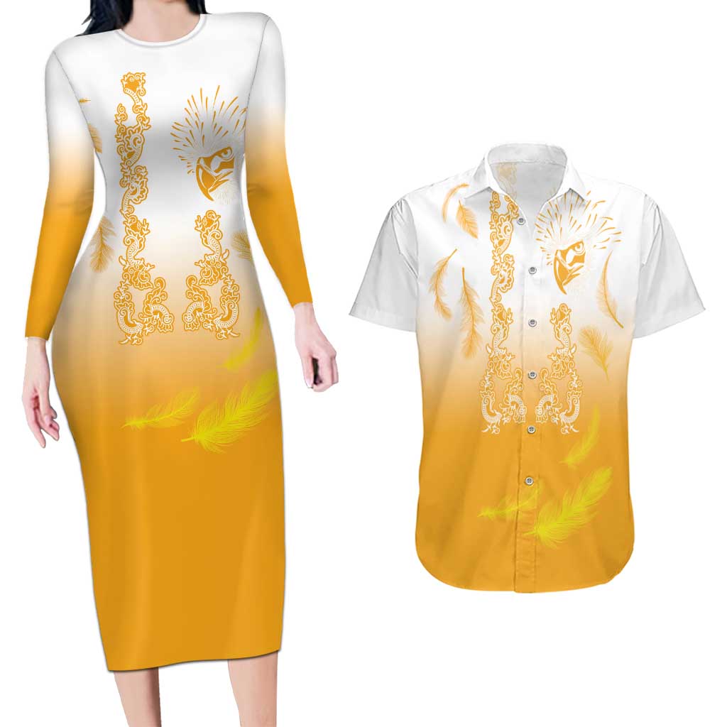 Philippines National Costume Style Couples Matching Long Sleeve Bodycon Dress and Hawaiian Shirt Barong Tagalog and Eagle Feather Yellow Color LT03 Yellow - Polynesian Pride