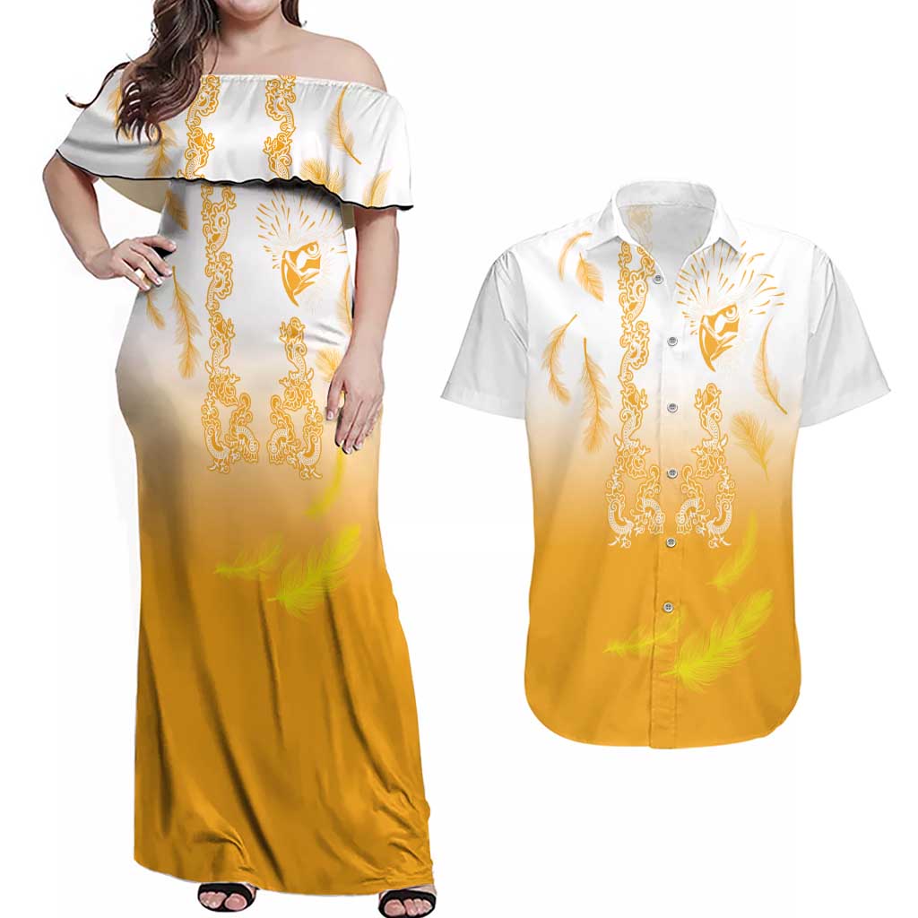 Philippines National Costume Style Couples Matching Off Shoulder Maxi Dress and Hawaiian Shirt Barong Tagalog and Eagle Feather Yellow Color LT03 Yellow - Polynesian Pride