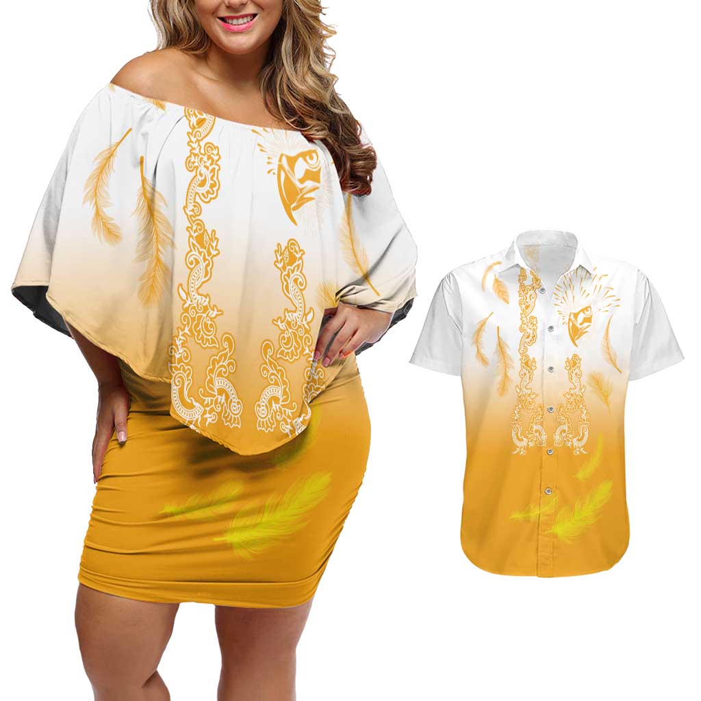Philippines National Costume Style Couples Matching Off Shoulder Short Dress and Hawaiian Shirt Barong Tagalog and Eagle Feather Yellow Color LT03 Yellow - Polynesian Pride