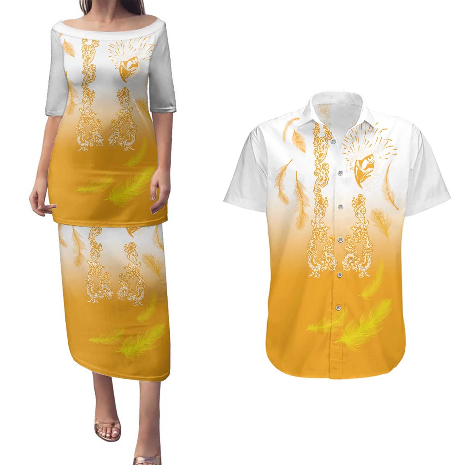 Philippines National Costume Style Couples Matching Puletasi and Hawaiian Shirt Barong Tagalog and Eagle Feather Yellow Color LT03 Yellow - Polynesian Pride