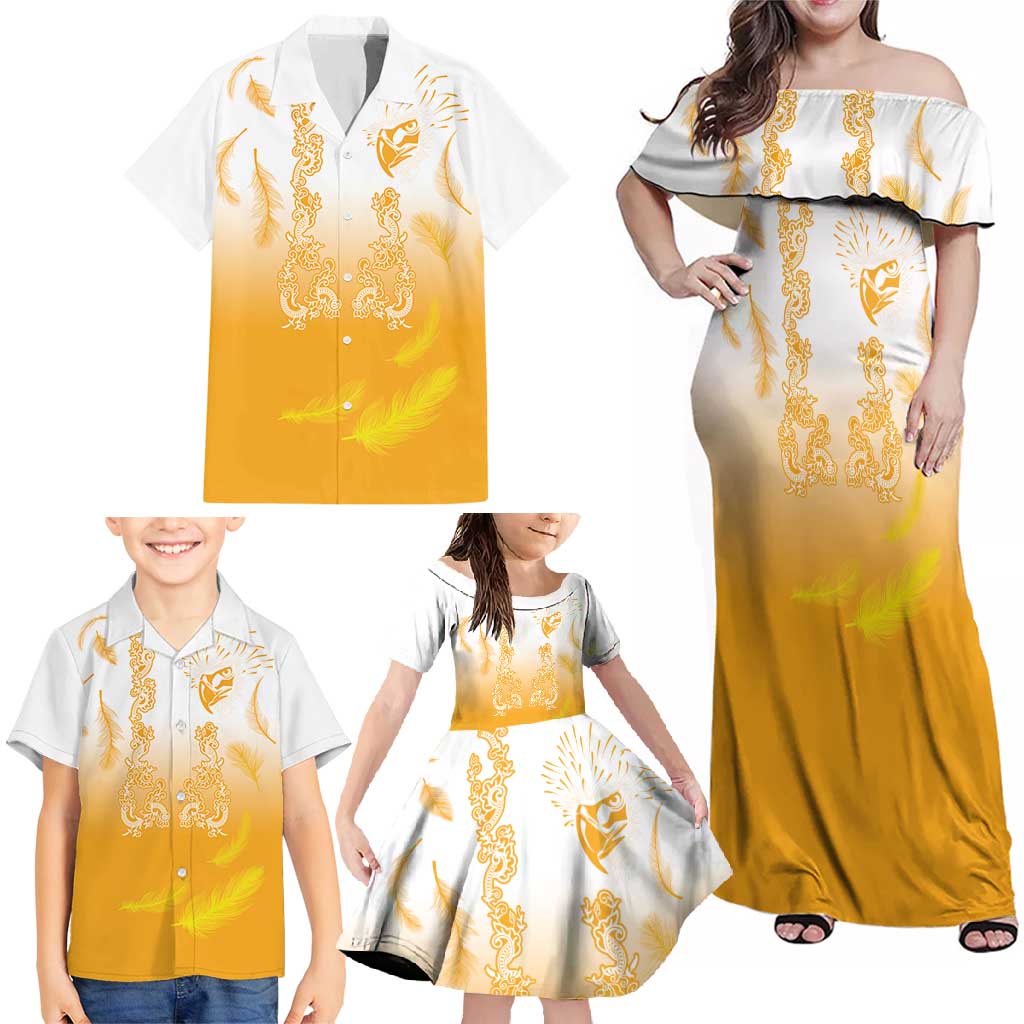 Philippines National Costume Style Family Matching Off Shoulder Maxi Dress and Hawaiian Shirt Barong Tagalog and Eagle Feather Yellow Color