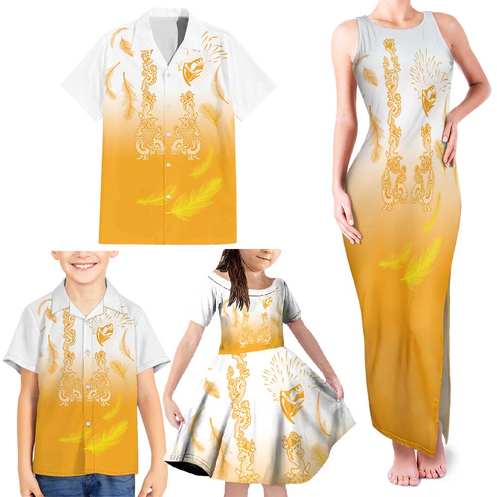 Philippines National Costume Style Family Matching Tank Maxi Dress and Hawaiian Shirt Barong Tagalog and Eagle Feather Yellow Color